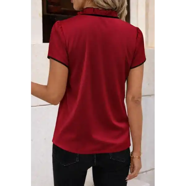 Kadın Kısa Kollu Yakası Fırfırlı Bağcıklı Janjan Krep Bluz