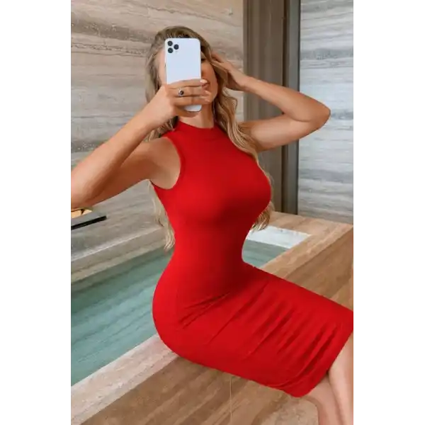 Kadın Kolsuz Balıkçı Yaka Kısa Dalgıç Elbise