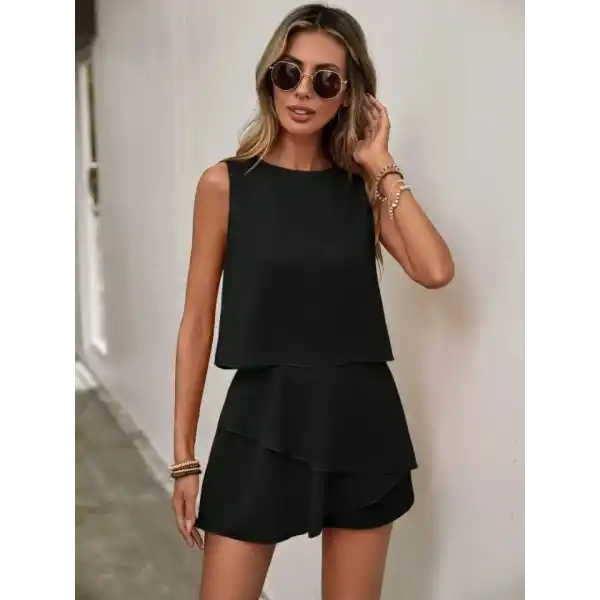Kadın Kolsuz Bisiklet Yaka Sandy Bluz Ve şort Etek Ikili Takım