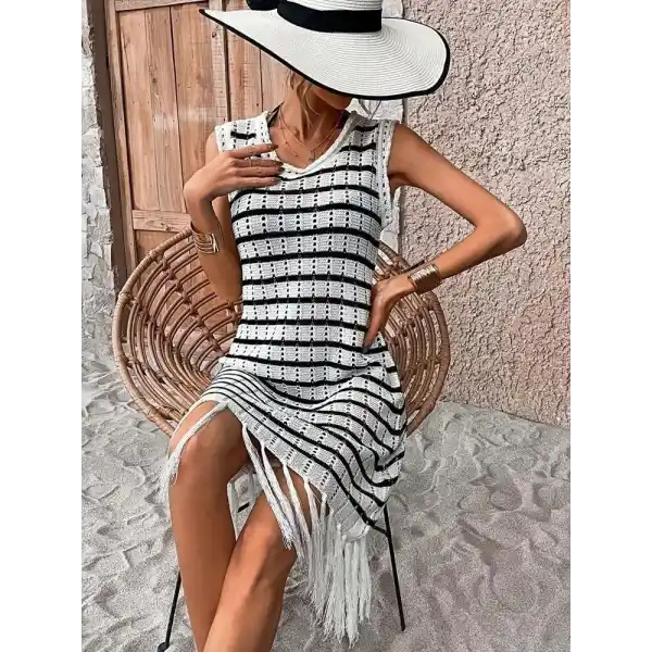 Kadın Kolsuz Eteği Püsküllü çizgi Desen Triko Elbise