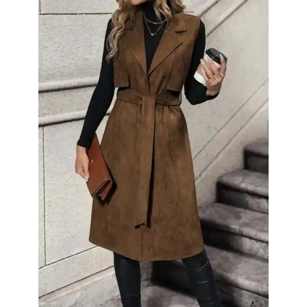 Kadın Kolsuz Yakalı önü Açık Belden Kuşaklı Süet Midi Yelek