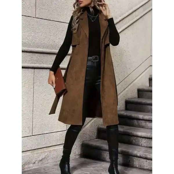 Kadın Kolsuz Yakalı önü Açık Belden Kuşaklı Süet Midi Yelek