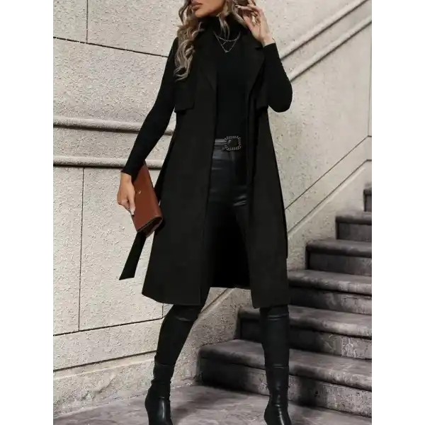 Kadın Kolsuz Yakalı önü Açık Belden Kuşaklı Süet Midi Yelek