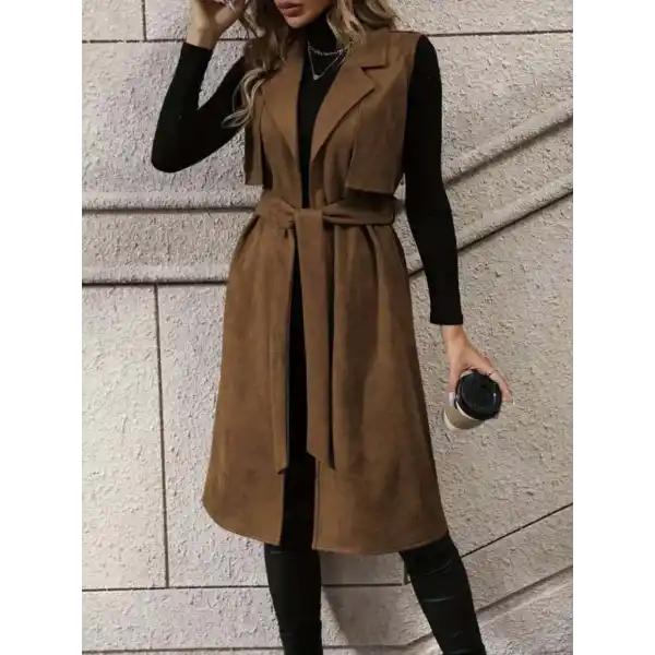 Kadın Kolsuz Yakalı önü Açık Belden Kuşaklı Süet Midi Yelek