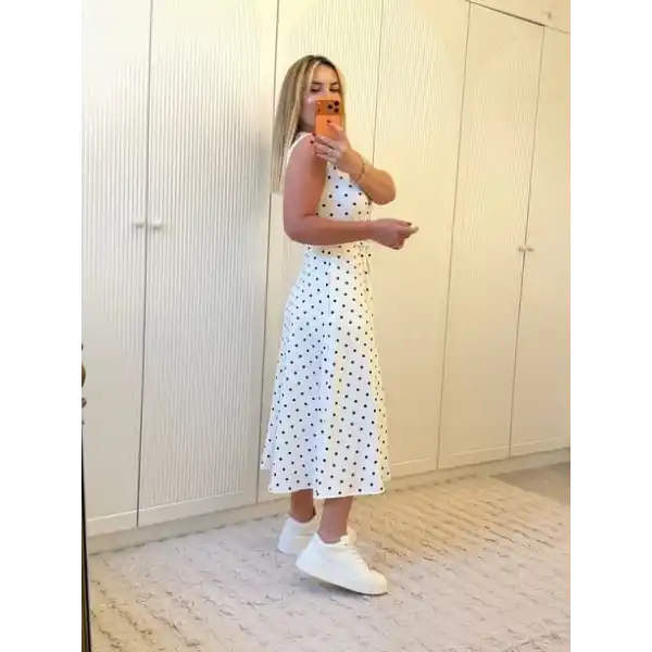 Kadın Kruvaze Yaka Kolsuz Puantiyeli Midi Boy Elbise