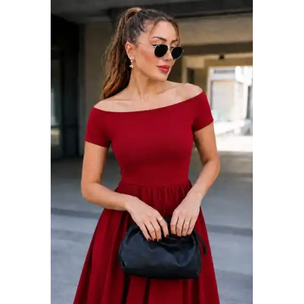 Kadın Madonna Yaka Kısa Kollu Kısa Janjan Krep Elbise