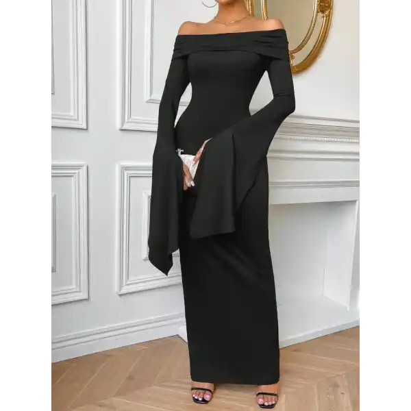 Kadın Madonna Yaka Uzun Yırtmaç Kol Detaylı Uzun Ithal Krep Elbise