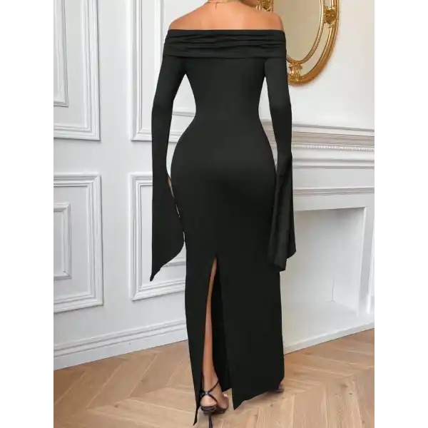 Kadın Madonna Yaka Uzun Yırtmaç Kol Detaylı Uzun Ithal Krep Elbise