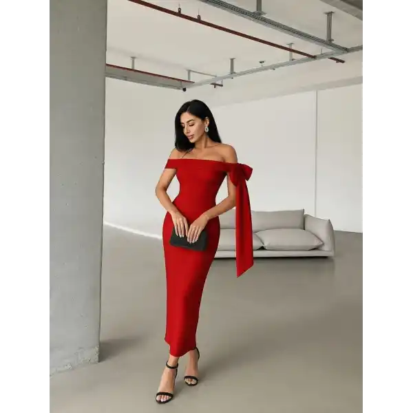 Kadın Omuz Dekolte Kurdele Detay Uzun Krep Elbise
