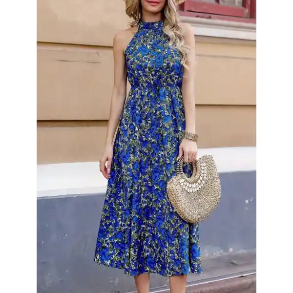 Kadın Omuz Dekolteli Halter Yaka Desenli Maxi Süprem Elbise