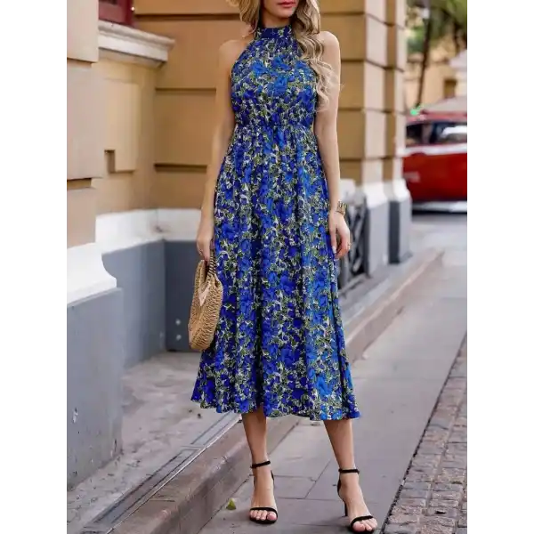 Kadın Omuz Dekolteli Halter Yaka Desenli Maxi Süprem Elbise