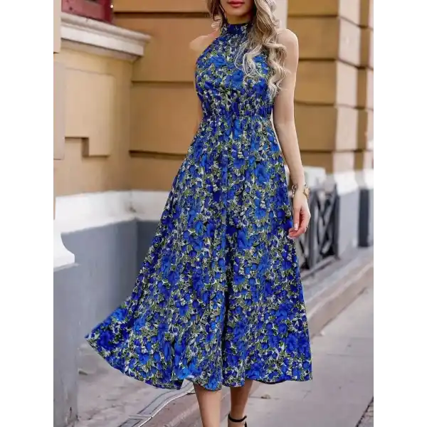 Kadın Omuz Dekolteli Halter Yaka Desenli Maxi Süprem Elbise