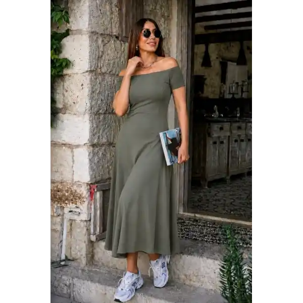 Kadın Omuzlardan Açık Lastikli Uzun Viskon Elbise