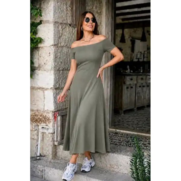 Kadın Omuzlardan Açık Lastikli Uzun Viskon Elbise