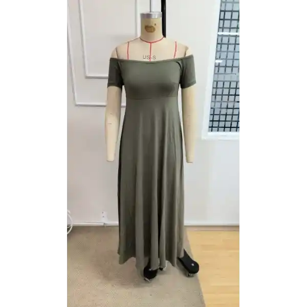 Kadın Omuzlardan Açık Lastikli Uzun Viskon Elbise