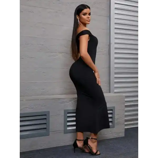 Kadın Omzu Açık Madonna Yaka V çentik Detaylı Uzun Dalgıç Elbise