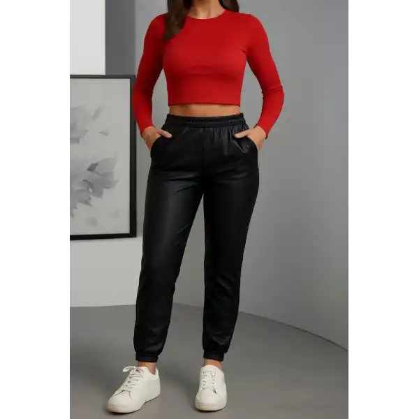 Kadın Paçası Lastikli Cep Detaylı Deri Tayt