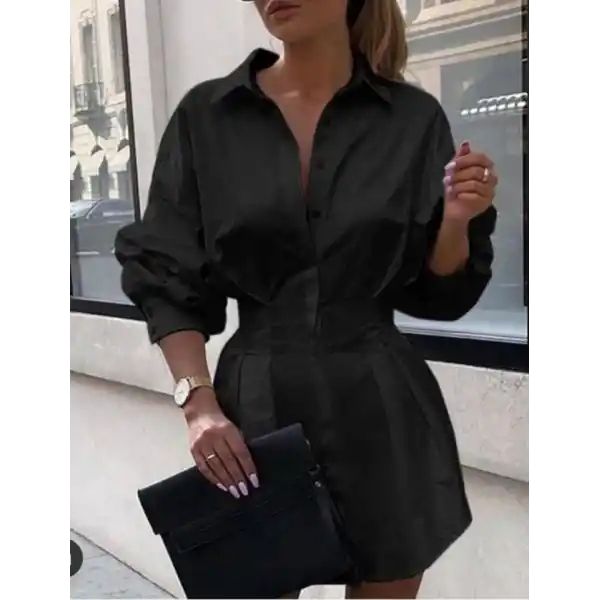 Kadın Pamuk Polyester Kumaş Belden Pileli Gömlek Elbise