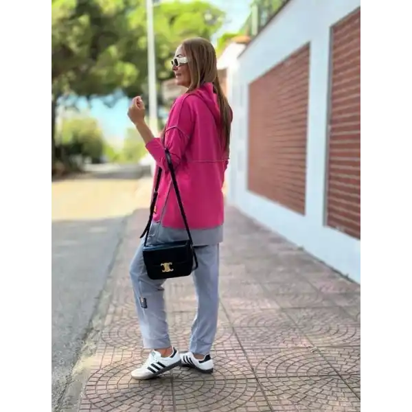 Kadın Pembe Kapşonlu Etek Ucu Detay Arma Ters Dikiş Gorunumlu Ikili Takım
