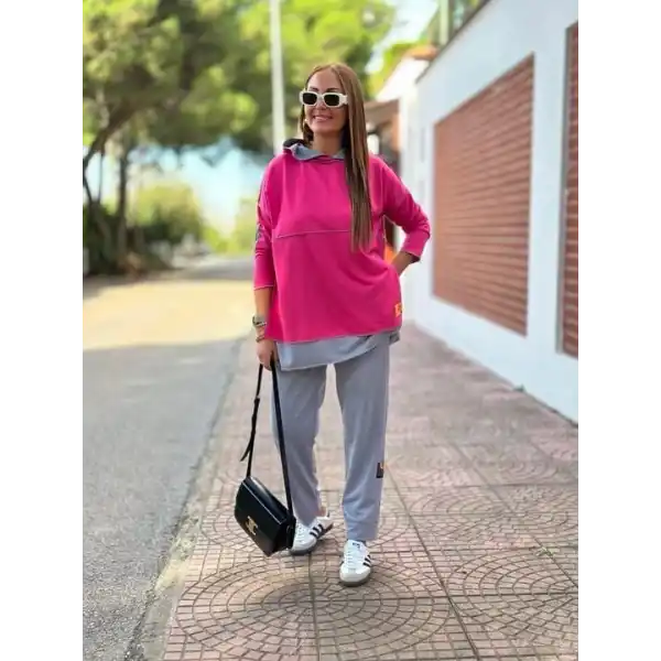 Kadın Pembe Kapşonlu Etek Ucu Detay Arma Ters Dikiş Gorunumlu Ikili Takım