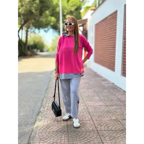 Kadın Pembe Kapşonlu Etek Ucu Detay Arma Ters Dikiş Gorunumlu Ikili Takım