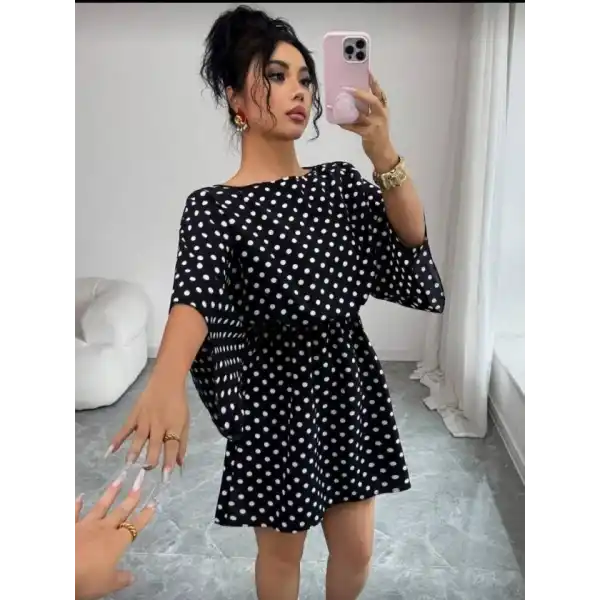 Kadın Puantiyeli örme Krep Mini Elbise (kemersiz)