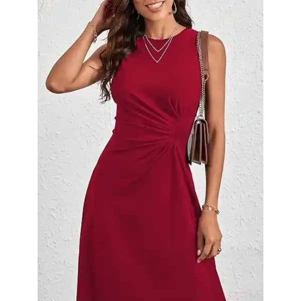 Kadın Sıfır Kollu Bisiklet Yaka Büzgülü Asimetrik Kesim Detaylı Janjan Krep Elbise