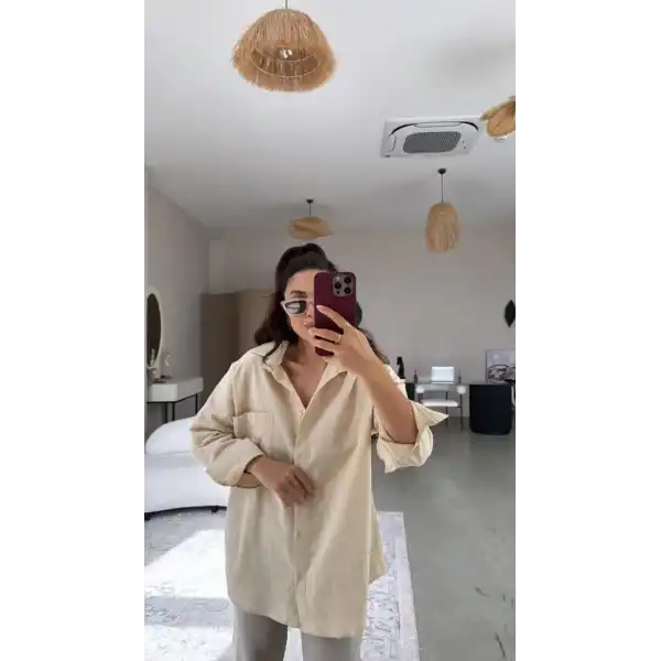 Kadın Tek Cepli Over Size Ketem Gömlek