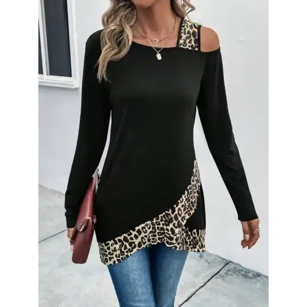 Kadın Tek O Uzdan Açık Askılı Uzun Kollu Leopar Detaylı Viskon Bluz
