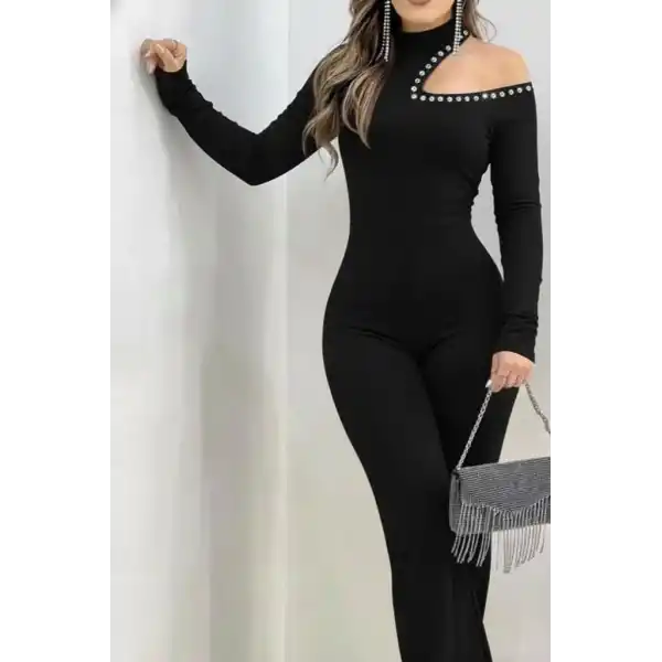 Kadın Tek Omuzdan Açık Balıkçı Yaka Taş Detaylı Uzun Ithal Krep Tulum