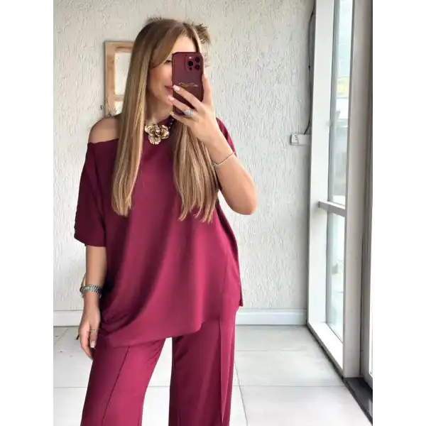 Kadın Tek Omuzdan Açık Geniş Kesim Viskon Iki Iplik Bluz Ve Pantolon Ikili Takım