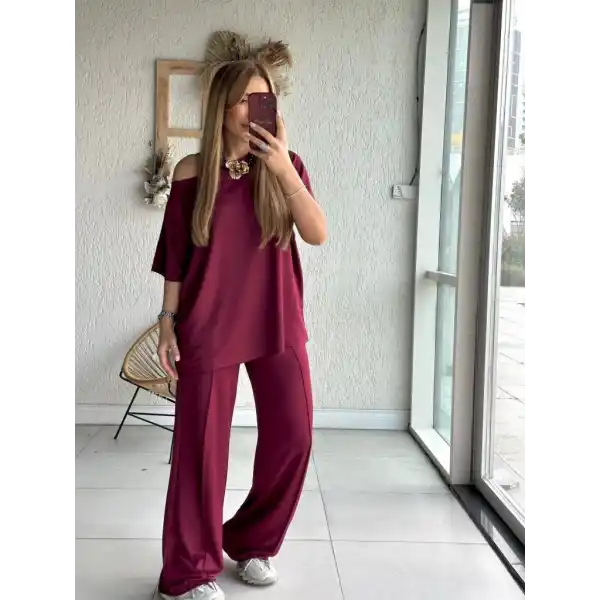 Kadın Tek Omuzdan Açık Geniş Kesim Viskon Iki Iplik Bluz Ve Pantolon Ikili Takım