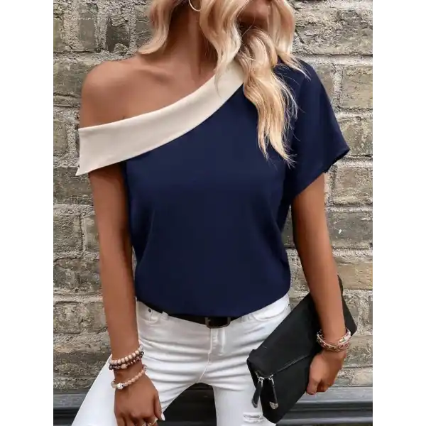 Kadın Tek Omuzu Açık Asimetrik Yaka Detaylı çift Renkli Ithal Krep Bluz