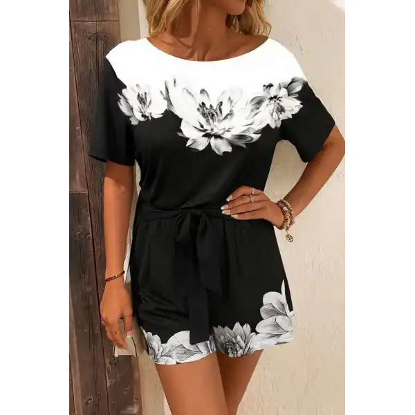 Kadın Tek Omuzu Açık çiçek Desenli Beli Kuşaklı Iki Iplik Mini Short Tulum