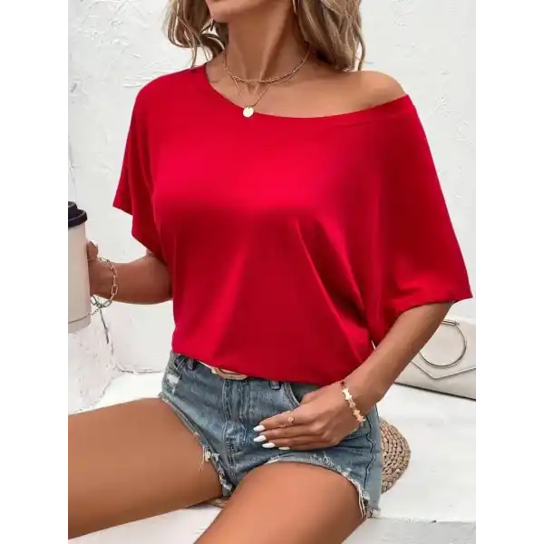 Kadın Tek Omuzu Açık Kısa Kollu Salaş Viskon Bluz