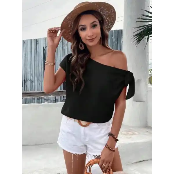 Kadın Tek Omuzu Açık Koldan Bağlamalı Janjan Krep Bluz