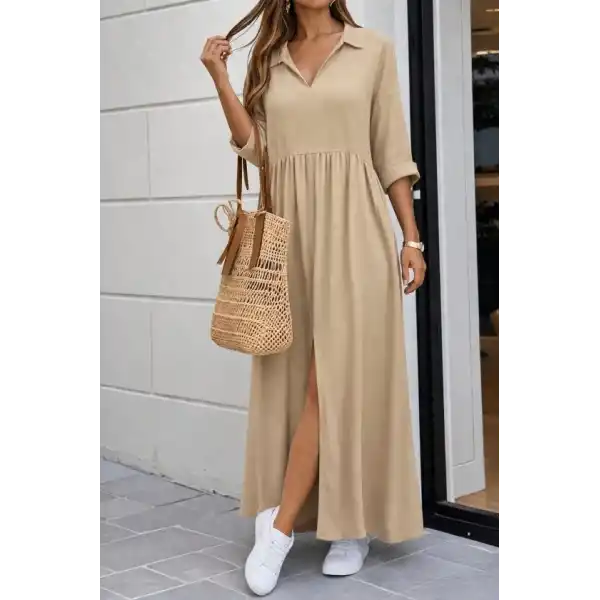 Kadın Truvakar Kollu V Yakalı Yırtmaçlı Uzun Aerobin Elbise