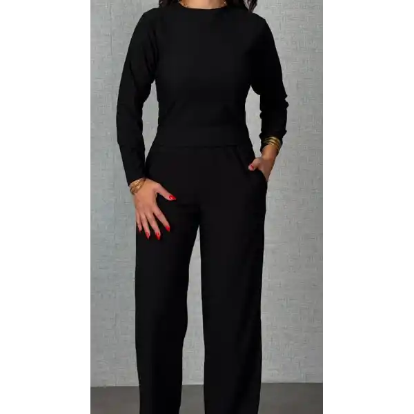 Kadın Uzun Kol Bisiklet Yaka Bürümcük Bluz Ve Pantolon Ikili Takım