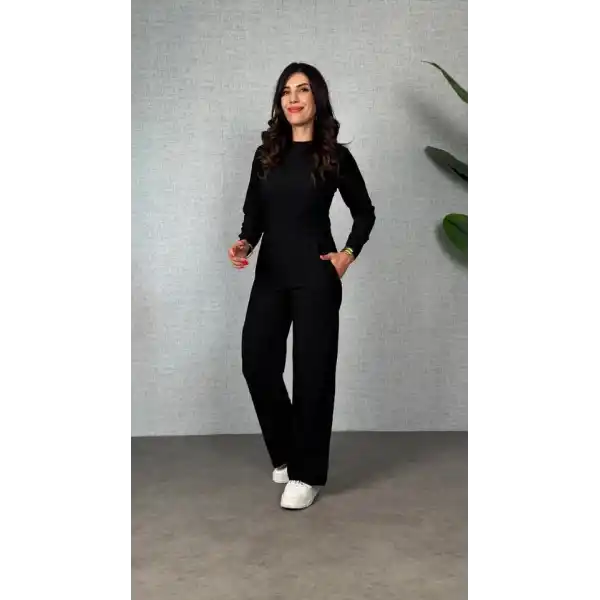 Kadın Uzun Kol Bisiklet Yaka Bürümcük Bluz Ve Pantolon Ikili Takım