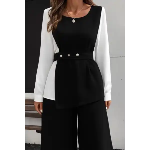Kadın Uzun Kollu Açık Yakalı çift Renkli Kemerli Ithal Krep Ikili Takım