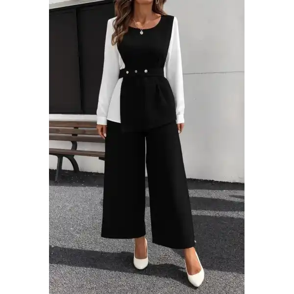 Kadın Uzun Kollu Açık Yakalı çift Renkli Kemerli Ithal Krep Ikili Takım