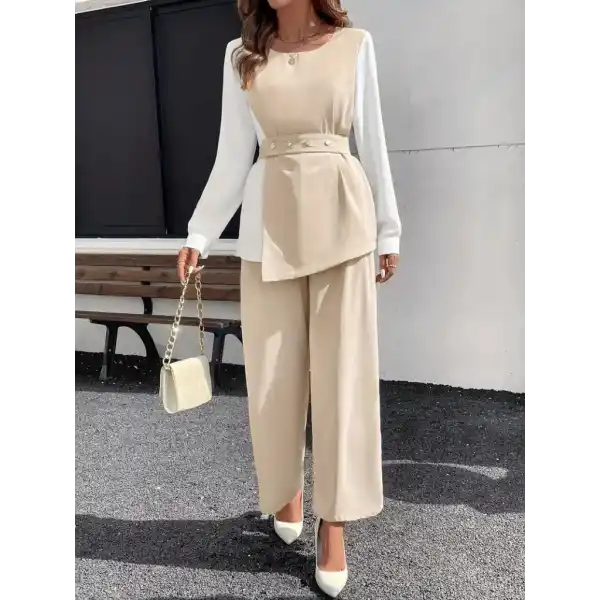 Kadın Uzun Kollu Açık Yakalı çift Renkli Kemerli Ithal Krep Ikili Takım