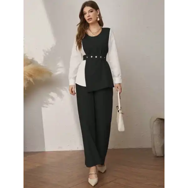 Kadın Uzun Kollu Açık Yakalı çift Renkli Kemerli Ithal Krep Ikili Takım