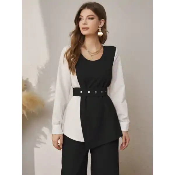 Kadın Uzun Kollu Açık Yakalı çift Renkli Kemerli Ithal Krep Ikili Takım