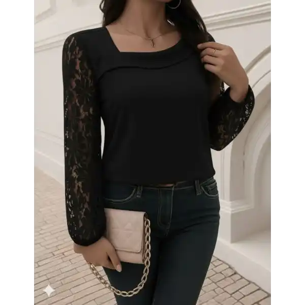 Kadın Uzun Kollu Asimetrik Yakalı Dantelli Ithal Krep Bluz