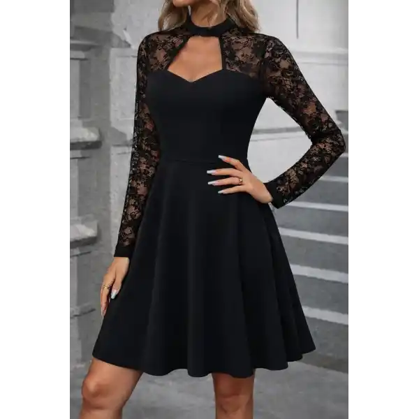 Kadın Uzun Kollu Balıkçı Yaka Dantelli Ithal Krep Kısa Kiloş Elbise