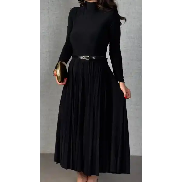 Kadın Uzun Kollu Balıkçı Yaka Kemersiz Pileli Uzun Sandy Elbise