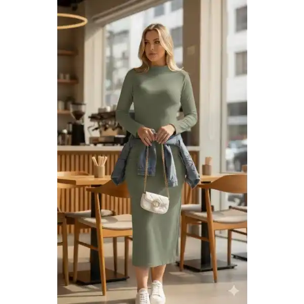 Kadın Uzun Kollu Balıkçı Yakalı Yanlardan Yırtmaçlı Kaşkorse Maxi Elbise