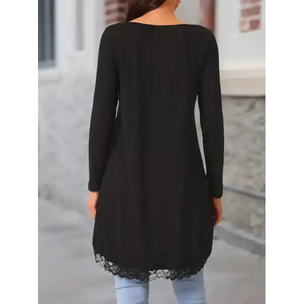 Kadın Uzun Kollu Bisiklet Yaka Asimetrik Kesim Detaylı Dantelli Viskon Bluz