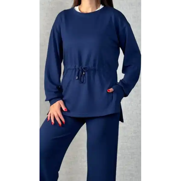 Kadın Uzun Kollu Bisiklet Yaka Belden Büzgülü Bağcıklı Viskon Iki Iplik Bluz Ve Pantolon Ikili Takım